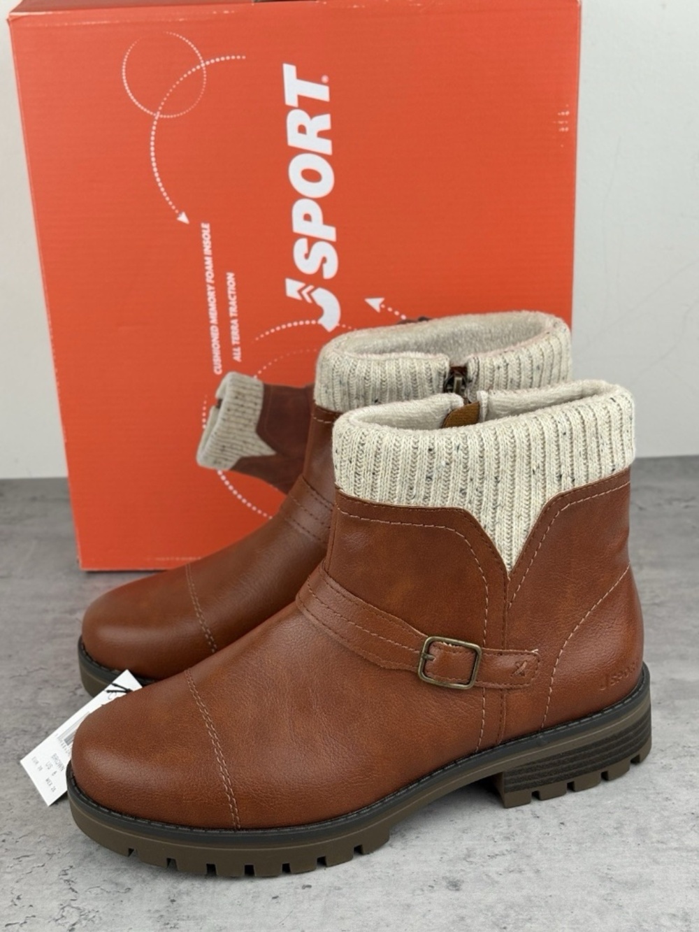 New JSport Violet Boots Women's Brown Zip Knit Cuff Memory Foam Ankle Bootie